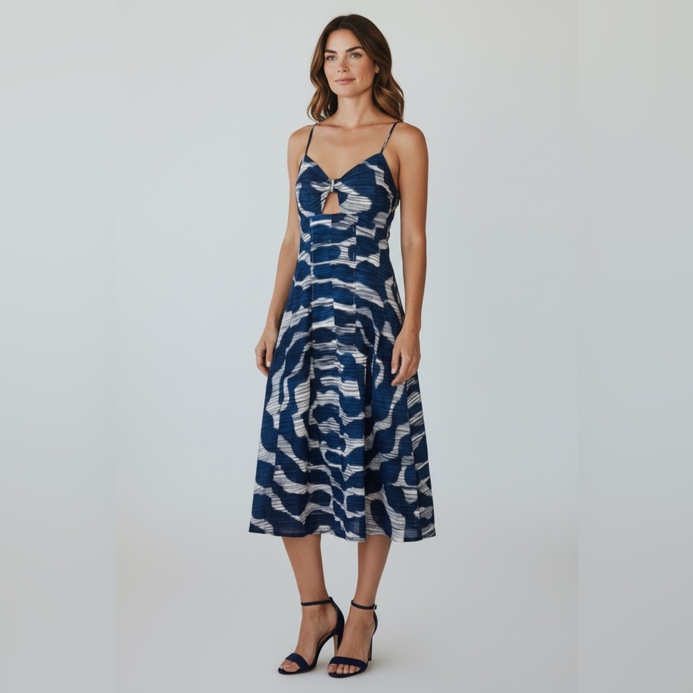 Navy Blue Tie-Front Midi Dress with Abstract Print